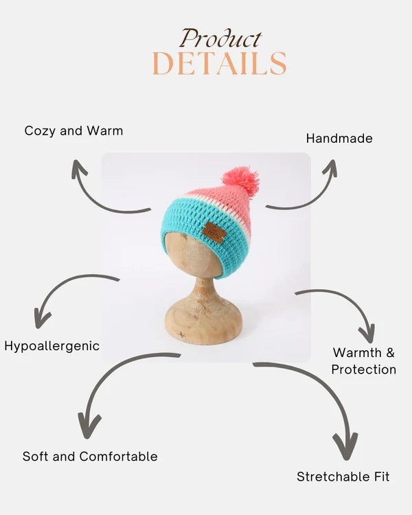 Peach & Green Self Design Beanie Handmade Knitted Pom Pom Woollen Cap for Kids