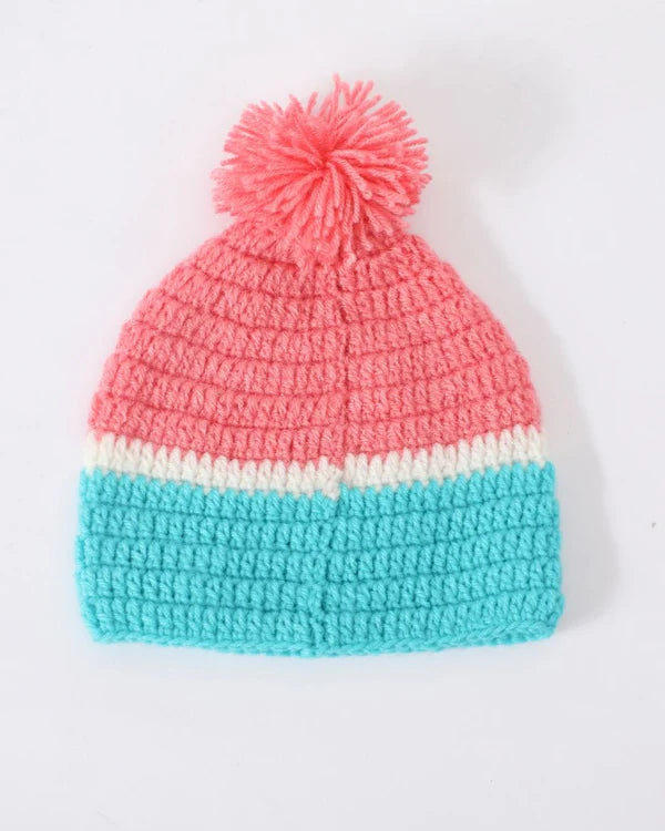 Peach & Green Self Design Beanie Handmade Knitted Pom Pom Woollen Cap for Kids