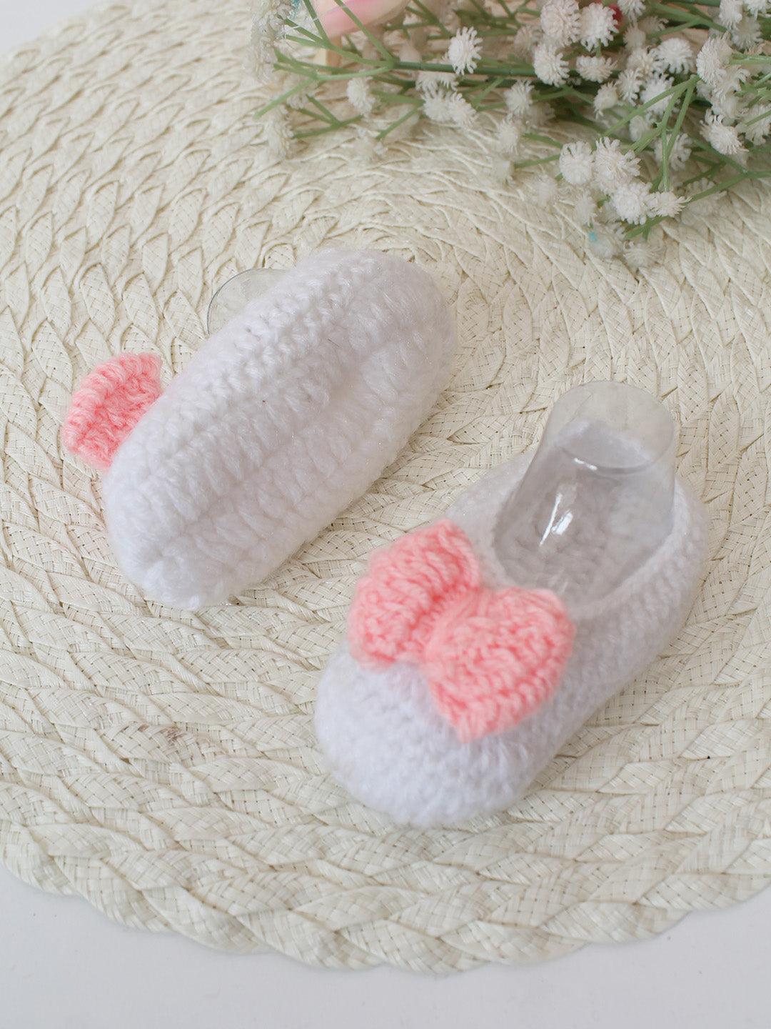 Crochet Handmade Bow Booties - White