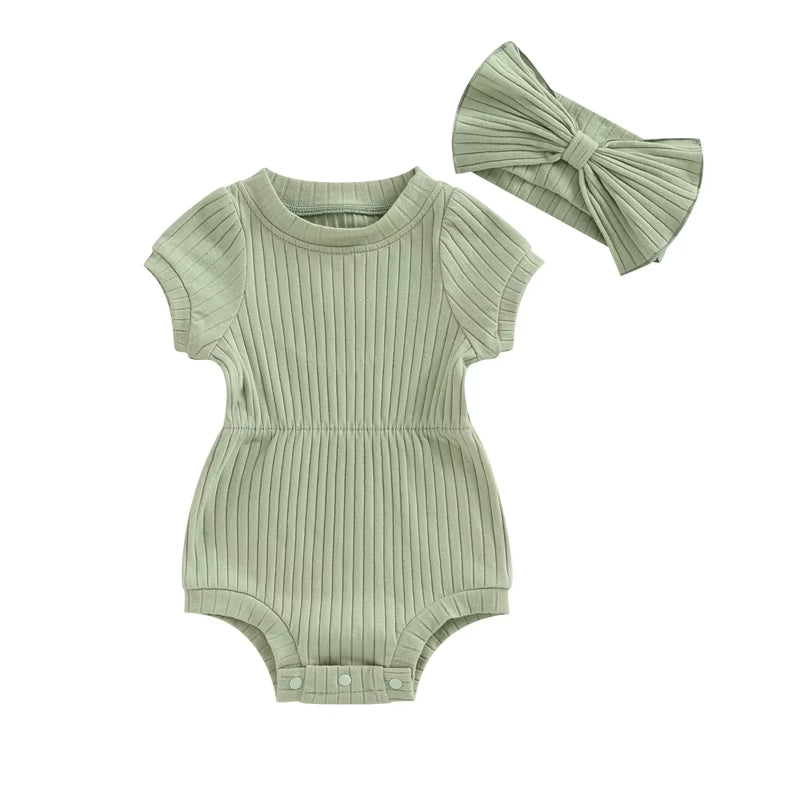 Summer Infant Baby Girls - Cotton Romper with Bow Headband Toddler 
