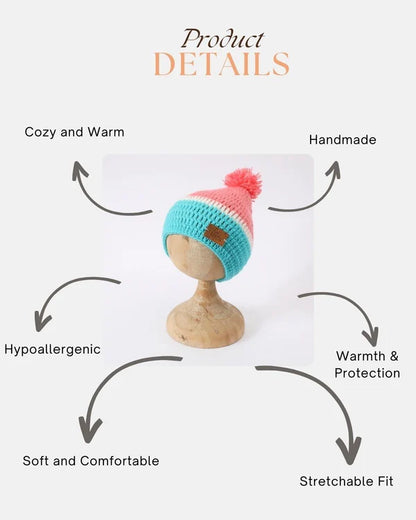 Peach & Green Self Design Beanie Handmade Knitted Pom Pom Woollen Cap for Kids