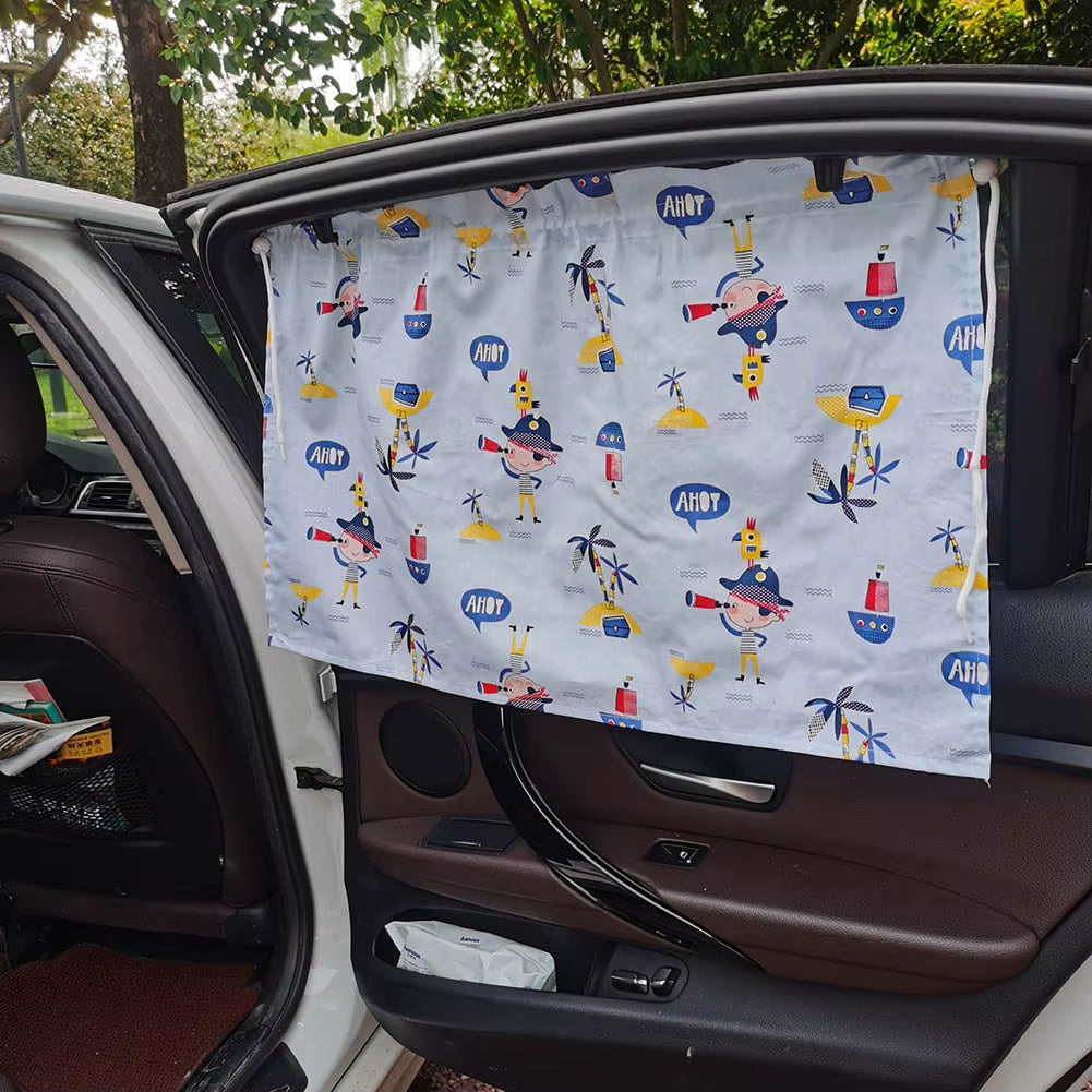 Cute Cotton Baby Car Window Sunshade Cover Cartoon Suction Cup Sliding Curtain Suction Cup Cloth Curtain for Kid Baby Children