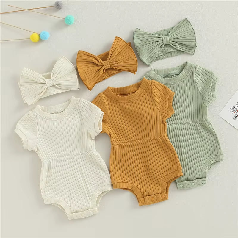 Summer Infant Baby Girls - Cotton Romper with Bow Headband Toddler 