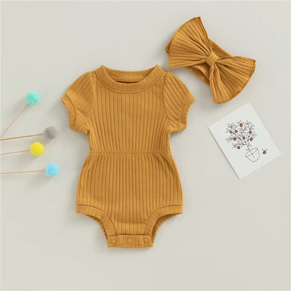 Summer Infant Baby Girls - Cotton Romper with Bow Headband Toddler 
