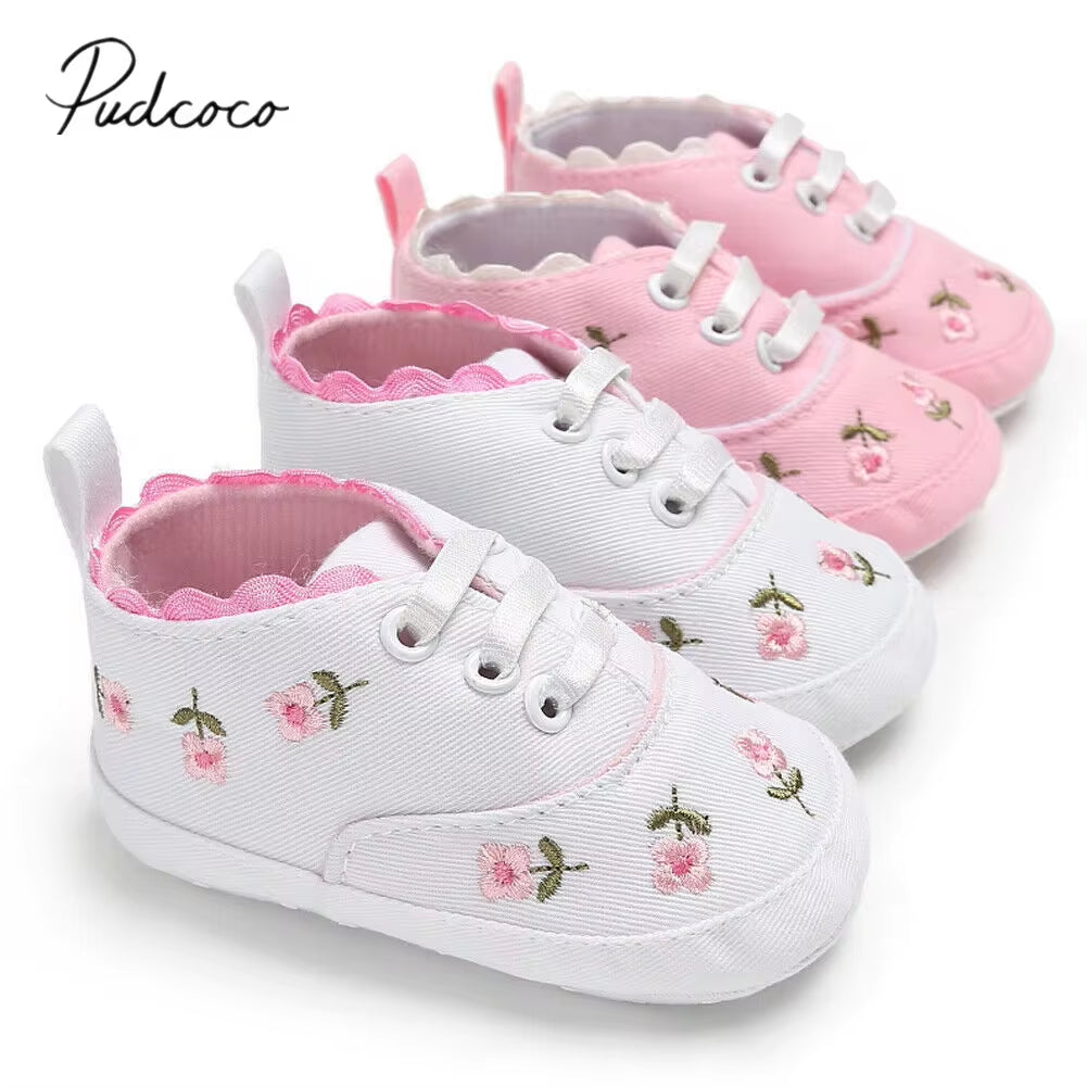 2 Baby Shoes Baby Infant Kid Girl Embroidery Flower Soft Sole Crib Toddler Summer Princess First Walkers Causal Shoes 0-18M